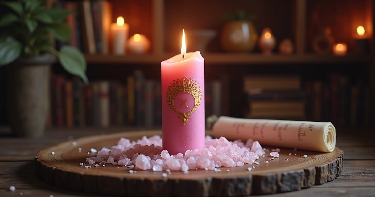 Vela rosa acesa com símbolo de Vênus em ambiente esotérico