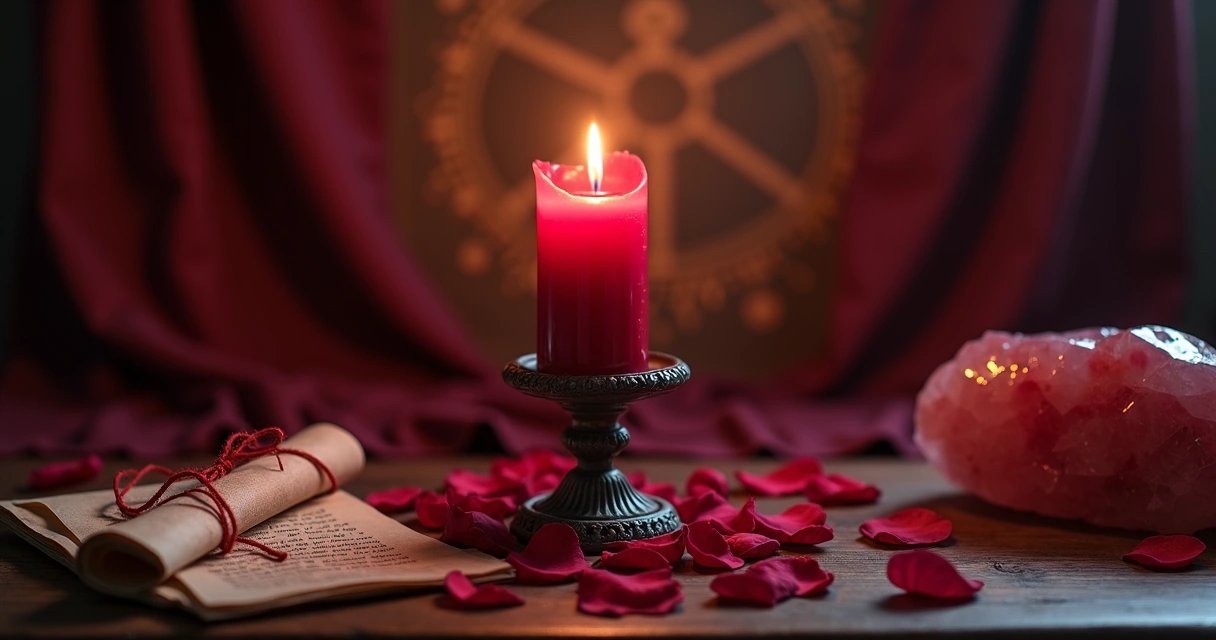 Vela vermelha acesa em altar místico amoroso com símbolos esotéricos