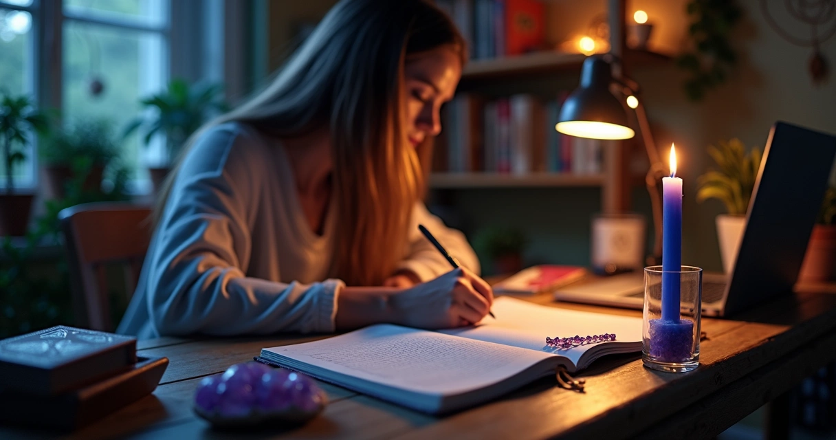 Mesa de estudo mística com estudante focada e objetos espirituais delicados
