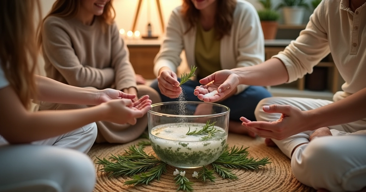 Família reunida perto de bacia com ervas preparando banho energético de proteção
