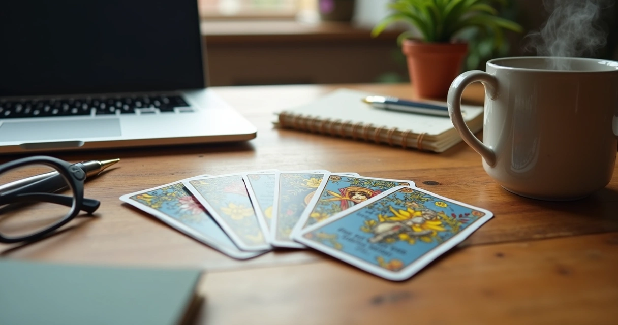 Baralho cigano sobre mesa com objetos de escritório ao redor