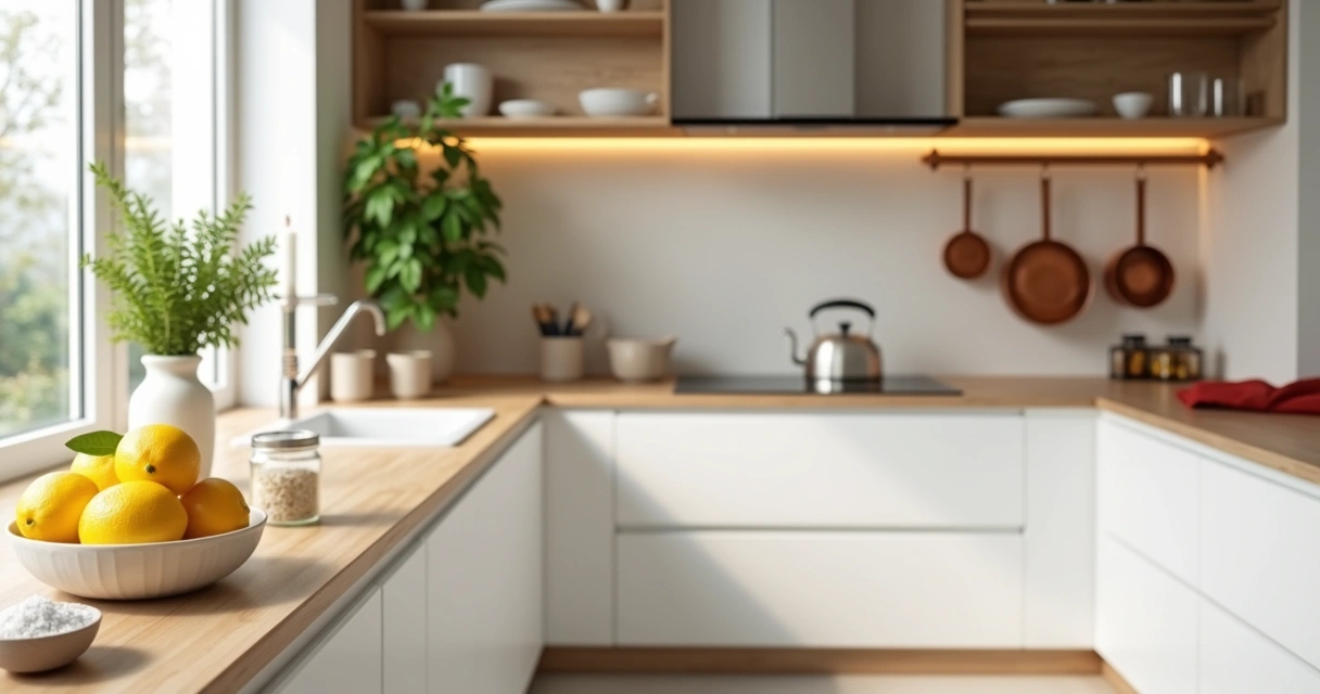 Cozinha iluminada com elementos de feng shui e plantinhas verdes em destaque