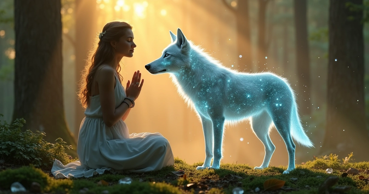 Mulher de olhos fechados tocando lobo luminoso em floresta mística ao entardecer