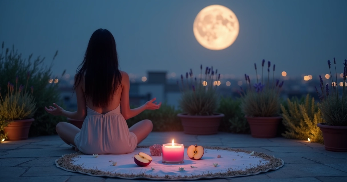 Ritual de lua cheia com quartzo rosa e maçã sob o luar