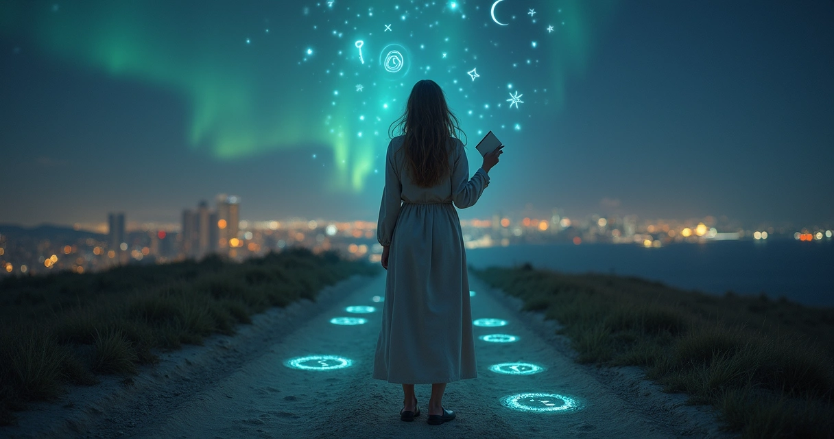 Mulher em encruzilhada noturna observando sinais de luz no céu