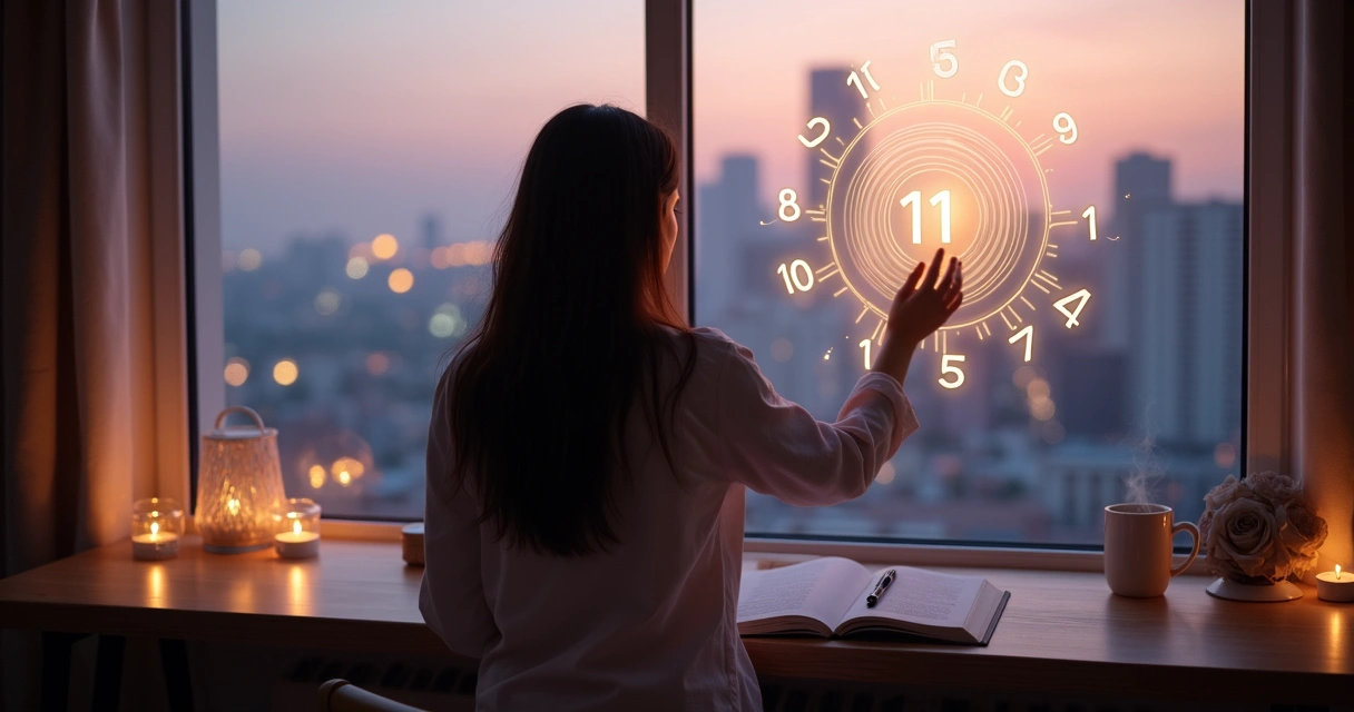 Mulher analisando número desenhado em vidro diante de horizonte urbano ao amanhecer