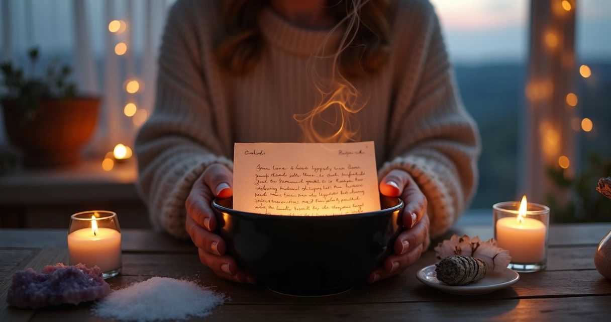 Mulher realiza ritual de desapego queimando carta sobre recipiente místico