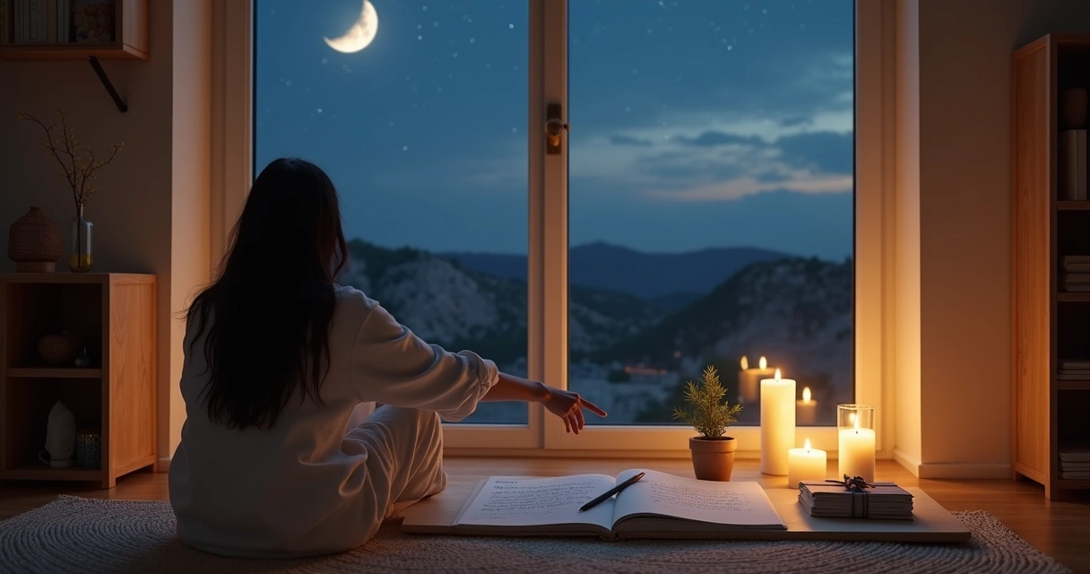 Mulher faz ritual de lua crescente com caderno de planos diante de janela iluminada pela lua