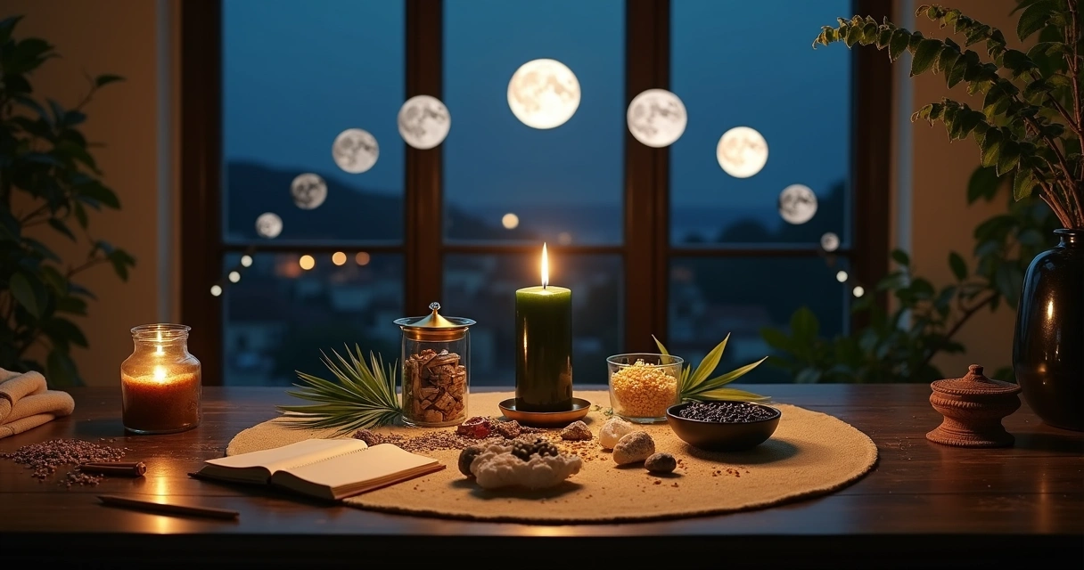 Altar de prosperidade com fases da lua iluminadas ao fundo