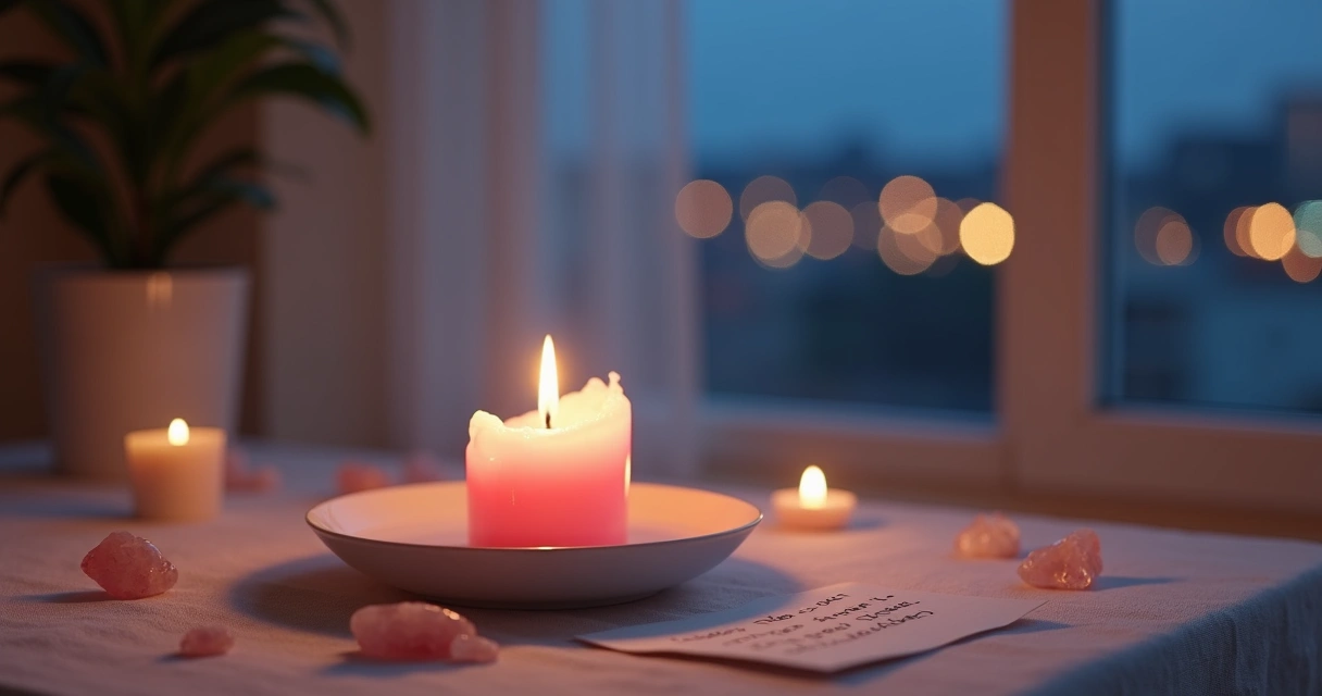 Vela rosa acesa em pequeno altar ao lado de janela à noite