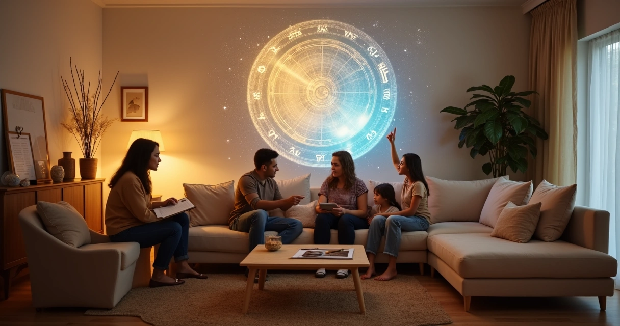 Sala de estar aconchegante com mapa astral projetado na parede e família reunida no sofá