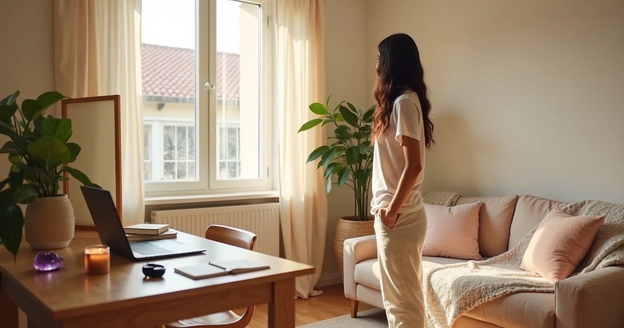Mulher em casa separando o espaço de trabalho com biombo claro e área pessoal ao fundo