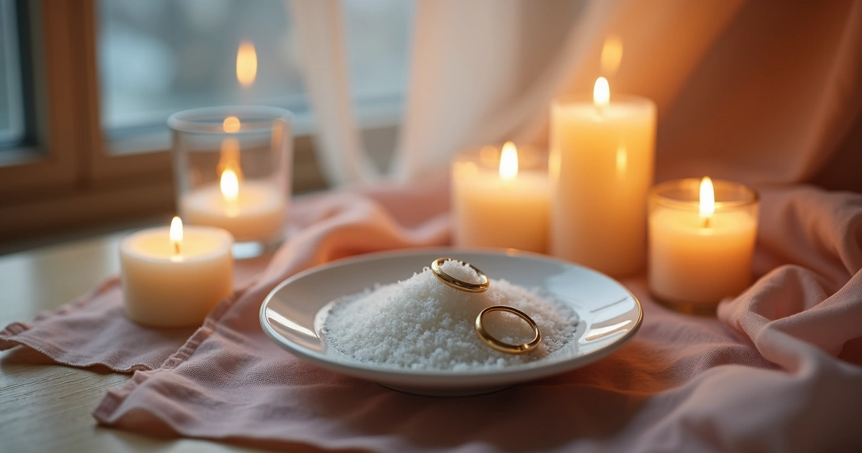 Prato com açúcar e duas alianças em altar místico delicado