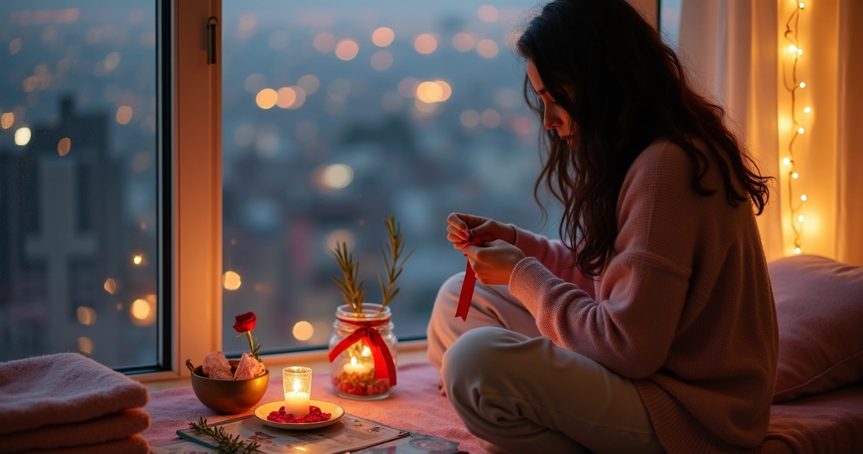 Mulher prepara simpatia de Dia dos Namorados ao lado da janela iluminada à noite