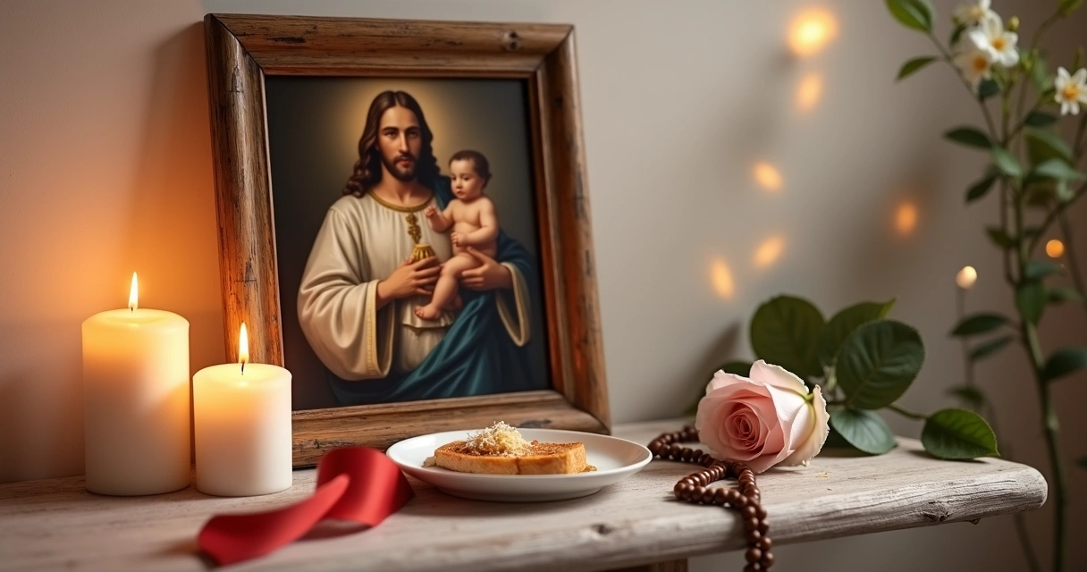 Quadro de Santo Antônio com pão e velas acesas em cenário místico amoroso