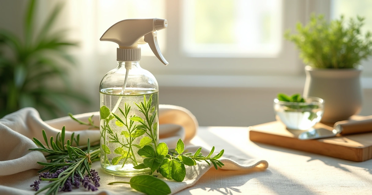 Frasco de spray energético feito com ervas frescas sobre bancada clara