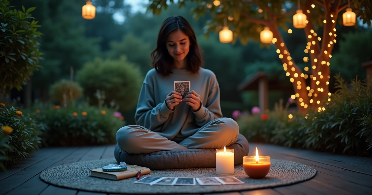 Pessoa meditando em jardim noturno com cartas de tarot ao redor