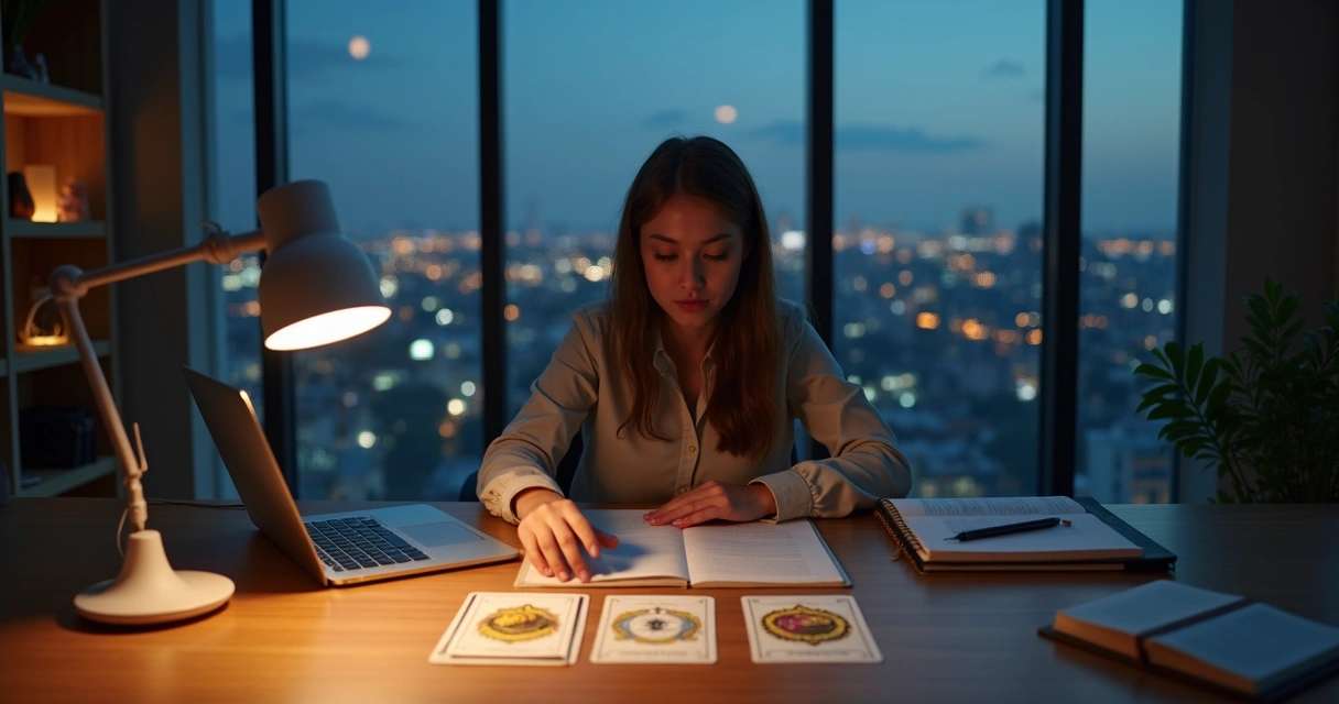 Profissional consulta cartas de tarot sobre carreira em escritório moderno à noite