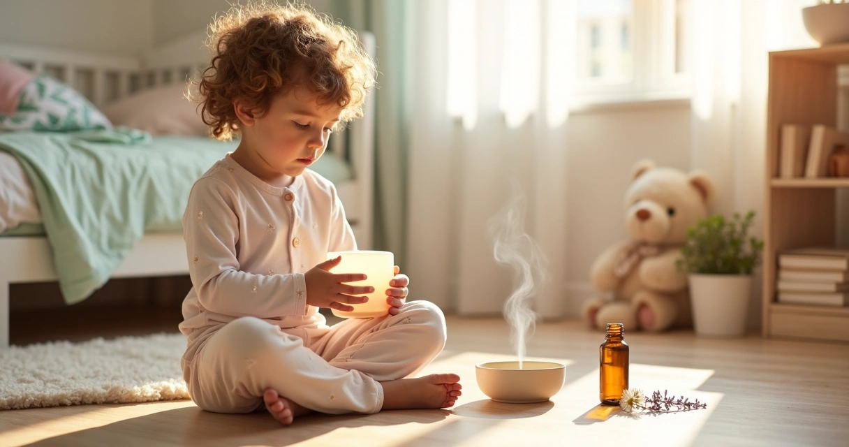 Criança cheirando difusor de aromaterapia em quarto claro e aconchegante