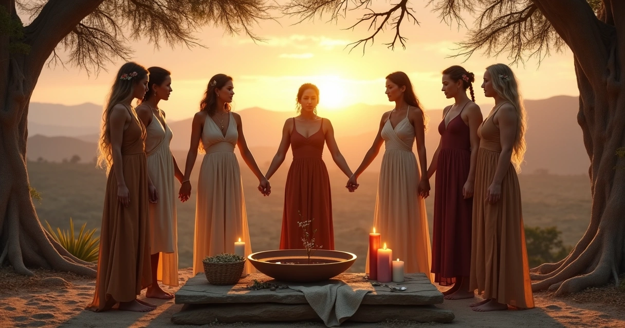Mulheres em círculo sob luz suave realizando ritual ancestral ao ar livre