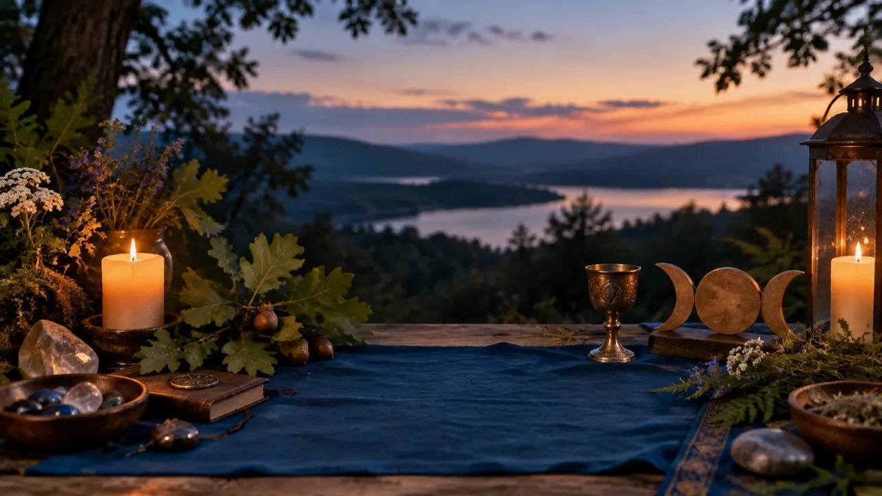 Altar contemporâneo inspirado na Wicca tradicional, com vela, folhas e objetos naturais ao entardecer