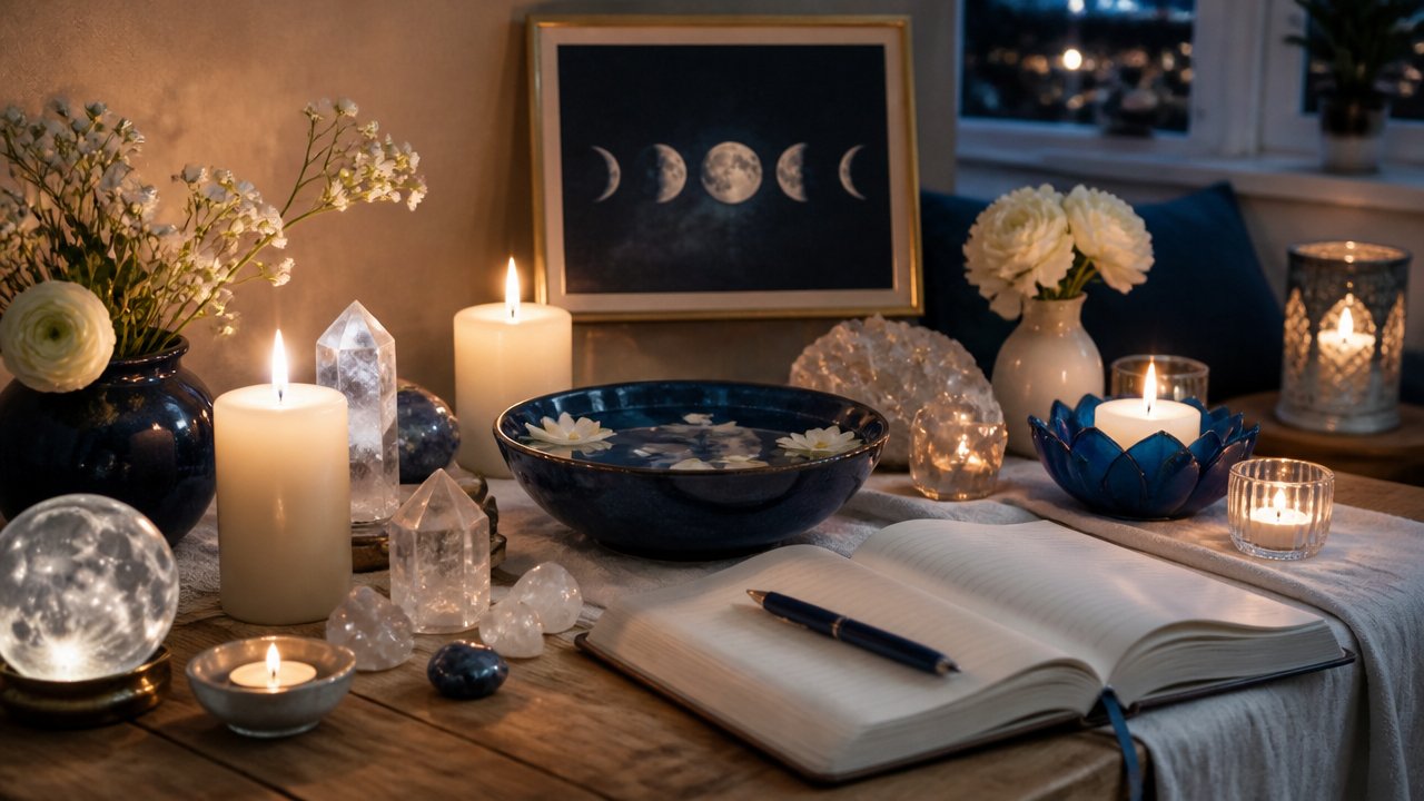 Altar lunar com velas, cristais, caderno de intenções e elementos naturais em ambiente acolhedor