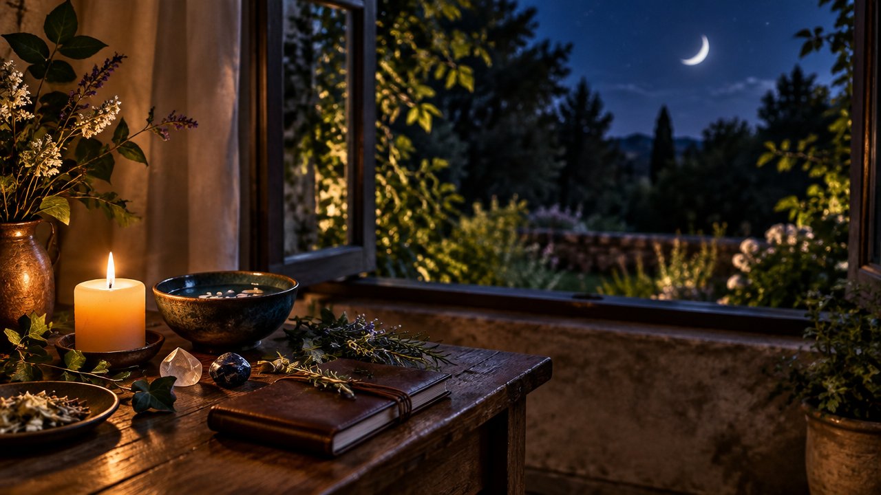 Altar simples com vela, plantas, pedras e caderno diante de um jardim noturno, evocando práticas wiccanas contemporâneas