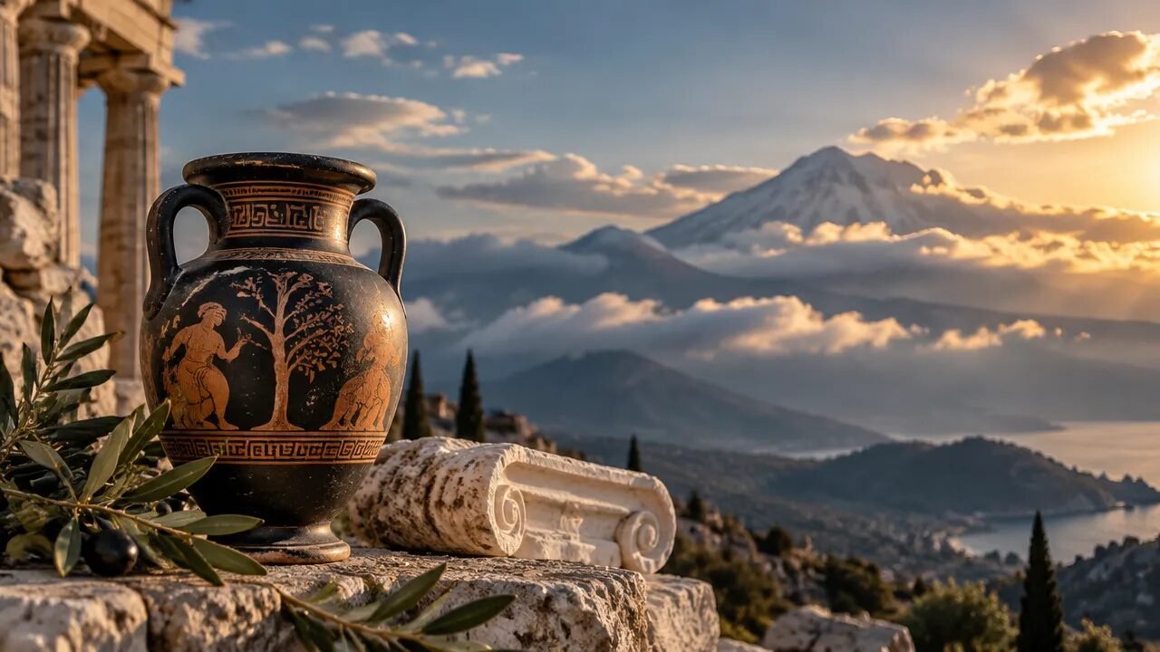 Ânfora grega diante de uma paisagem montanhosa que evoca os mitos da Grécia Antiga
