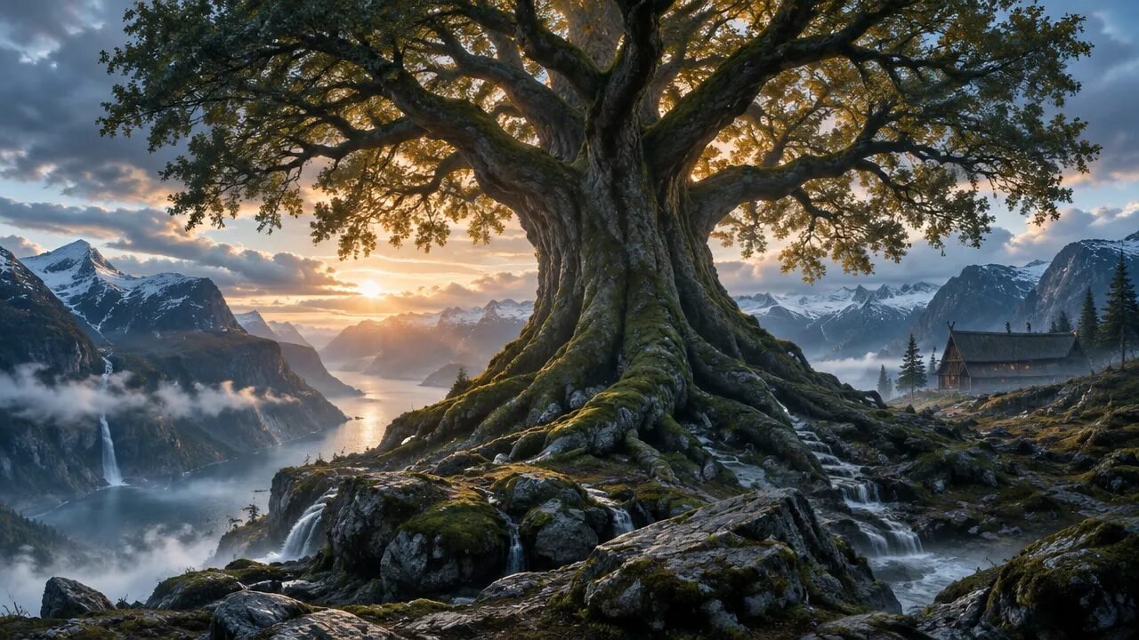 Árvore monumental inspirada em Yggdrasil diante de fiordes e montanhas enevoadas, evocando os mitos nórdicos