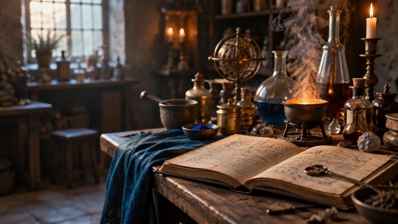 Bancada de alquimista com manuscrito antigo, frascos de vidro e luz quente, evocando transformação espiritual