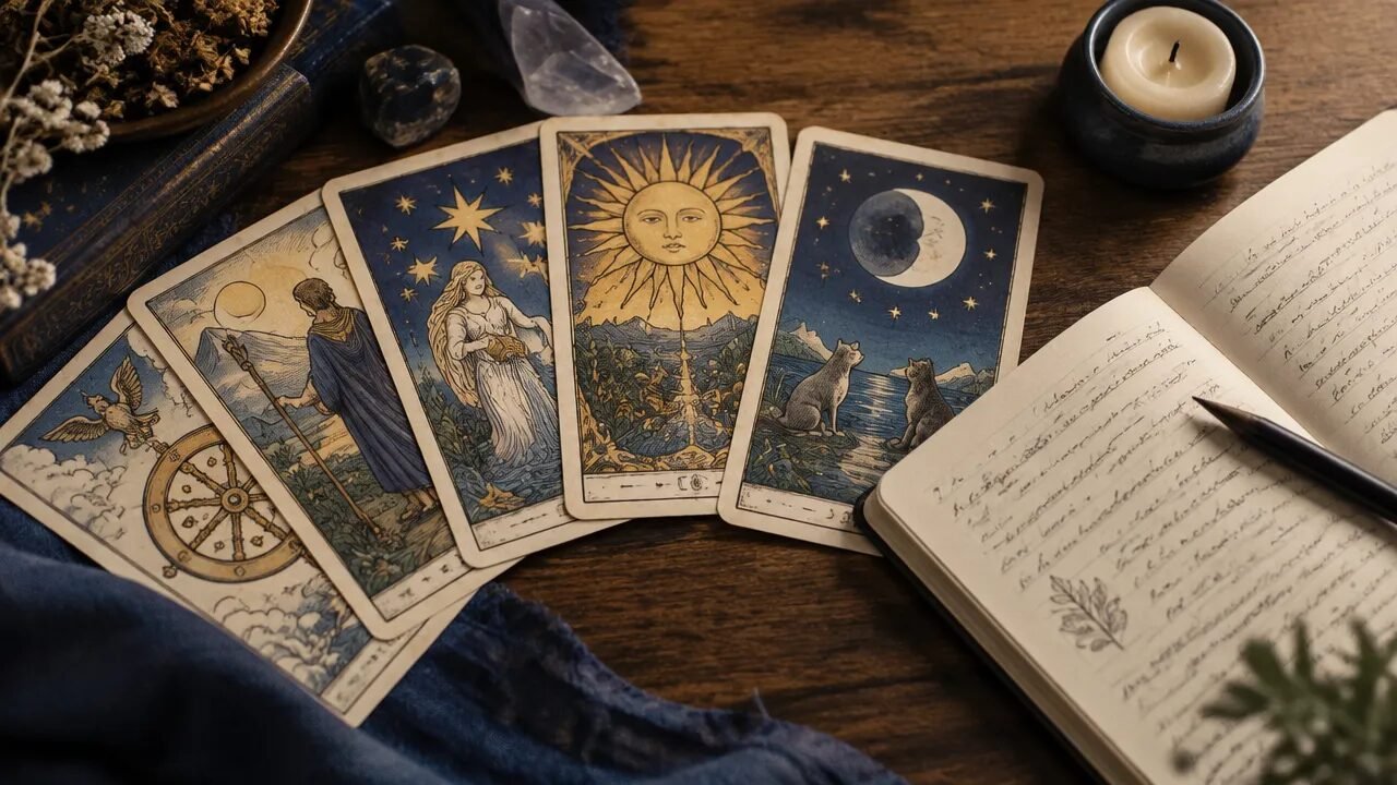Baralho de tarot ilustrado disposto sobre uma mesa com caderno de anotações, em clima acolhedor de estudo.