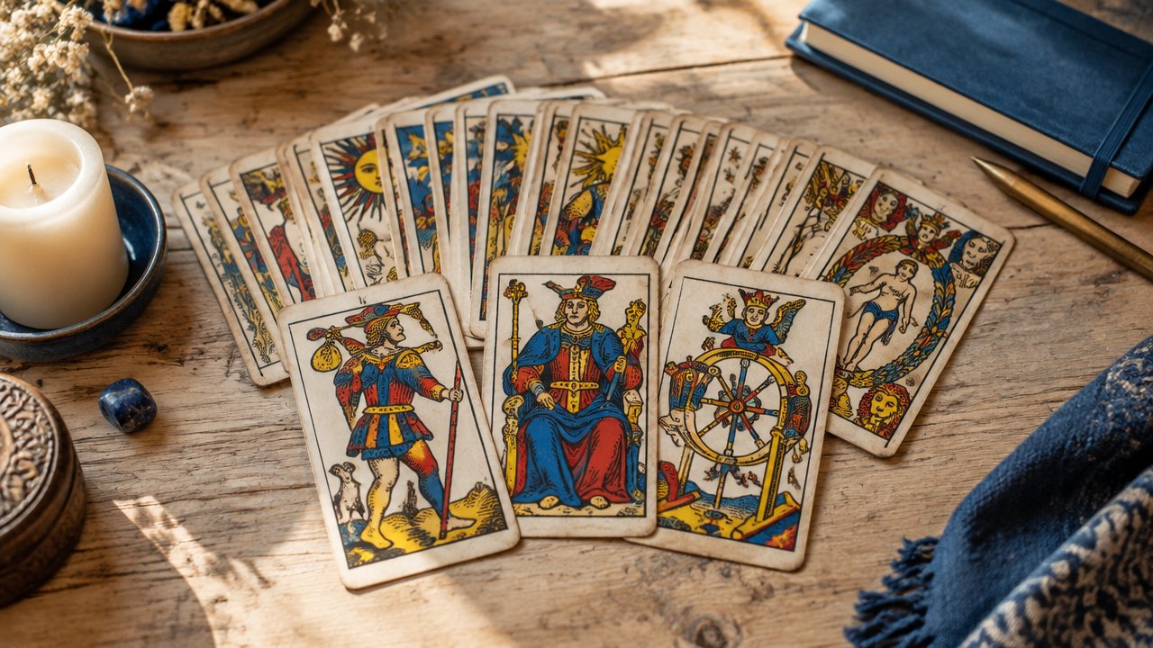 Baralho do Tarô de Marselha aberto sobre uma mesa de estudo, com cartas ilustradas e caderno ao lado.