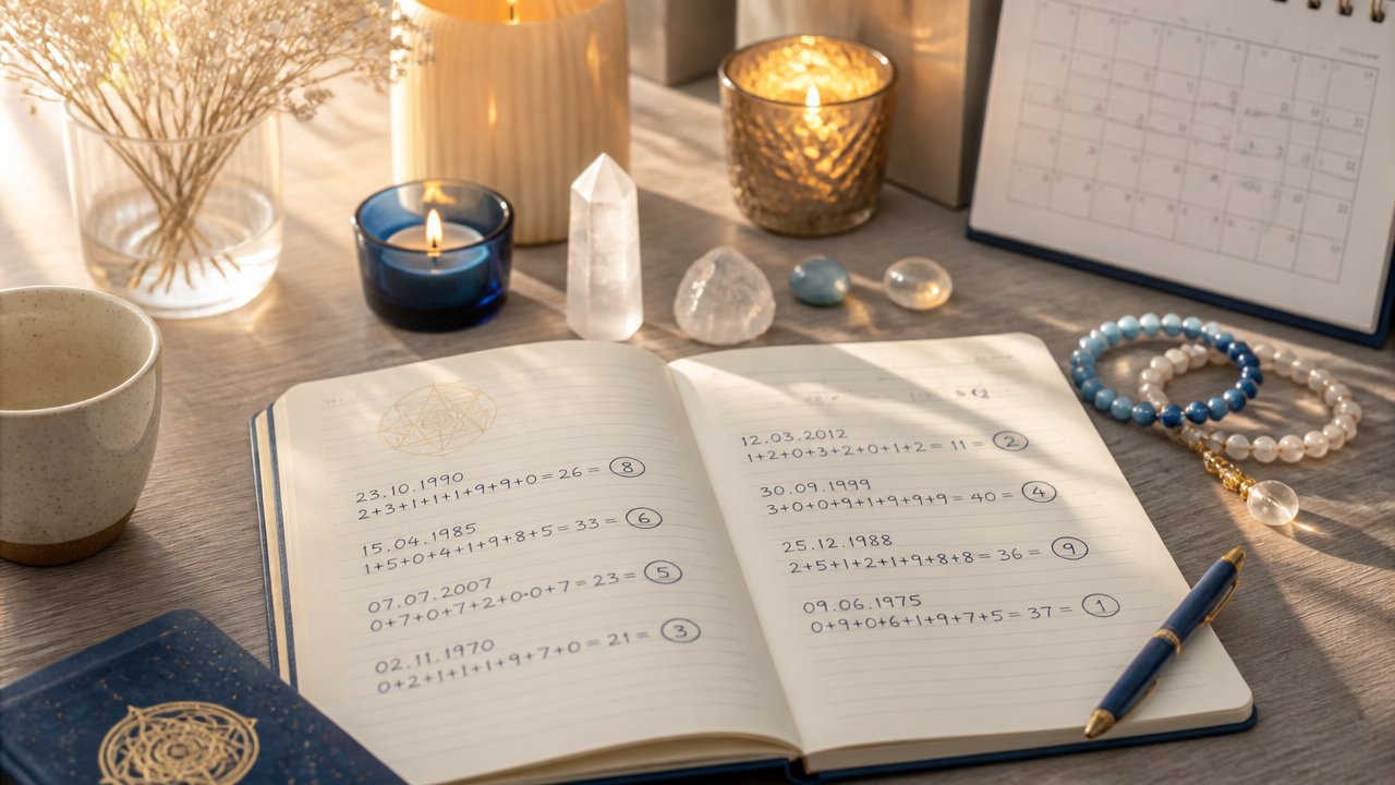 Caderno com cálculo numerológico anual sobre mesa com velas e cristais em ambiente sereno