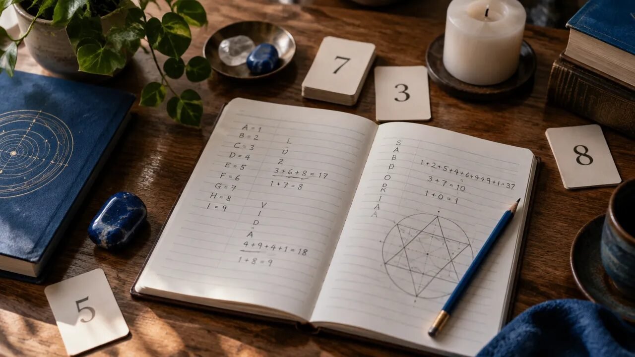Caderno com letras e números organizados para representar um estudo de numerologia cabalística