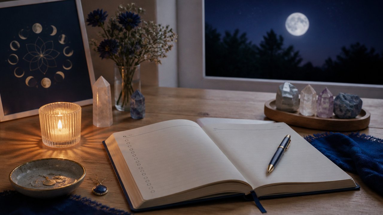 Caderno com metas pessoais ao lado de calendário lunar, cristais e vela em ambiente espiritual acolhedor