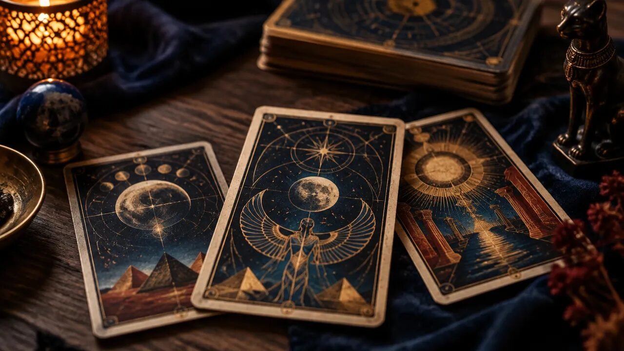 Cartas de tarot com símbolos cósmicos e geométricos sobre uma mesa escura