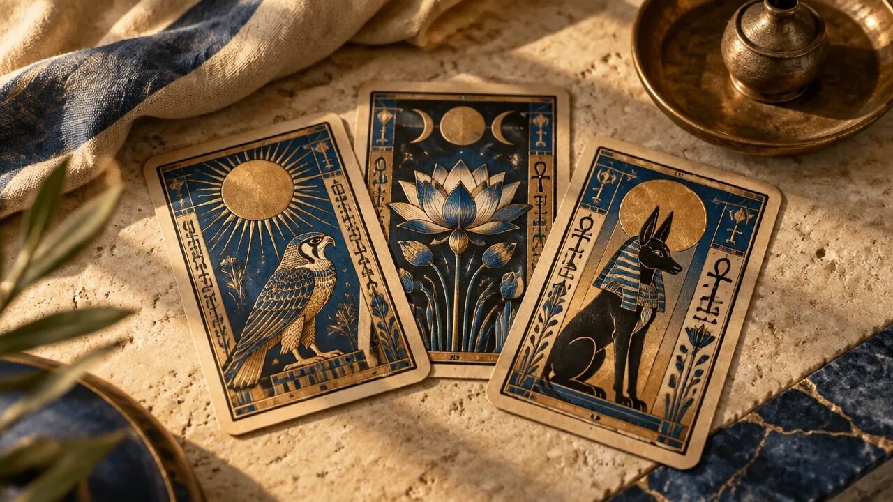 Cartas de tarot com símbolos egípcios estilizados sobre uma mesa de pedra em luz dourada