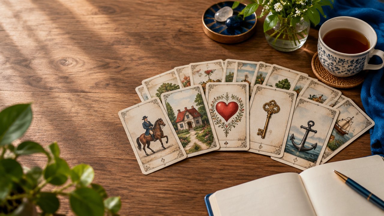Cartas ilustradas do Baralho Cigano dispostas sobre uma mesa ao lado de um caderno, em uma composição acolhedora para estudo e leitura.