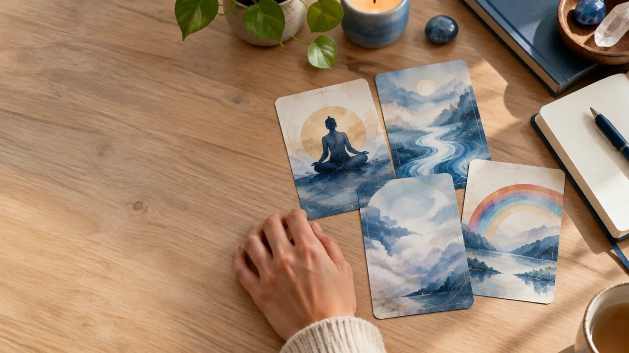 Cartas ilustradas em uma mesa serena, representando o Tarô Zen de Osho e a reflexão sobre o momento presente.