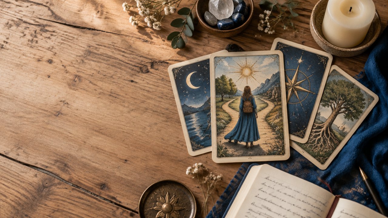 Cartas simbólicas de Tarot sobre uma mesa de madeira, com caderno aberto ao lado, em uma composição acolhedora para explicar como funciona uma leitura.