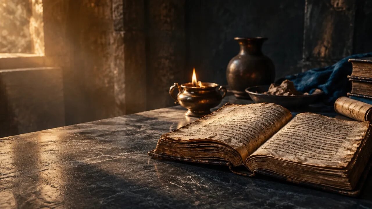 Códice antigo aberto sob luz de lamparina, evocando a busca pelo conhecimento associada ao gnosticismo.