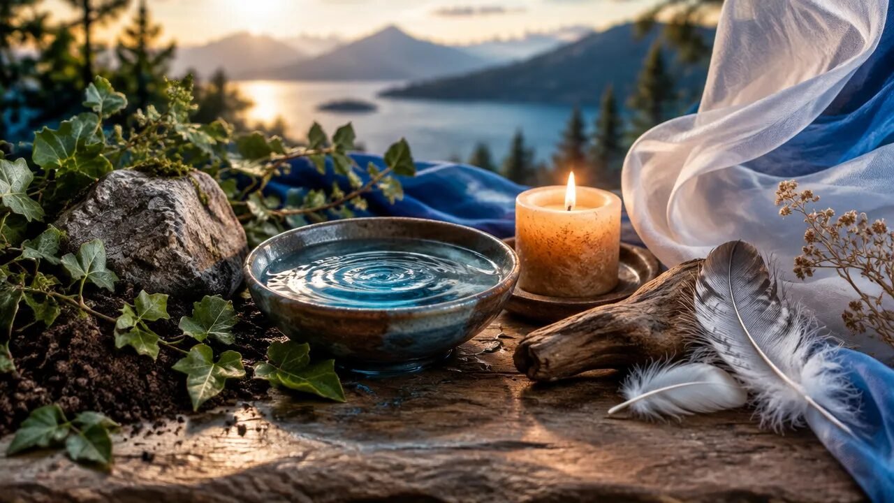 Composição realista que representa Terra, Água, Fogo e Ar em uma prática de magia elemental