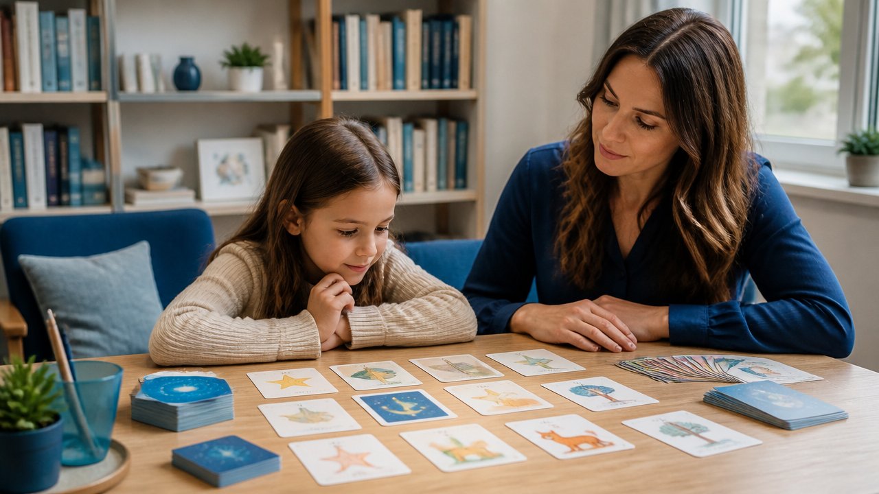 Criança e adulto observando cartas ilustradas em atividade lúdica de orientação emocional