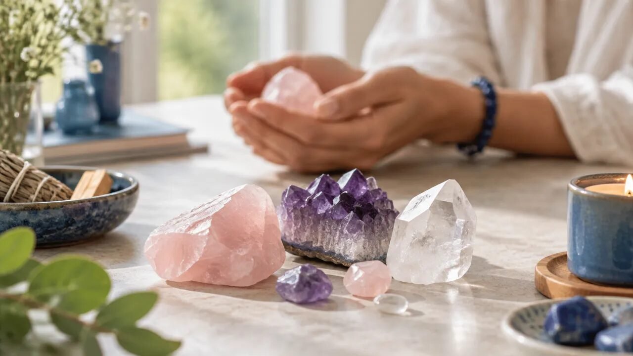 Cristais de quartzo rosa, ametista e quartzo transparente dispostos para uma prática contemplativa de cristaloterapia