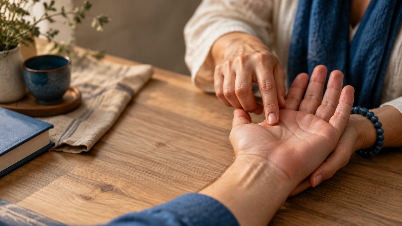 Duas mãos abertas sendo observadas para interpretar as linhas naturais das palmas