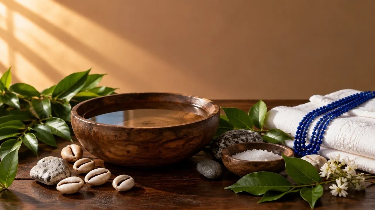 Elementos naturais e búzios em composição serena que introduz o tema dos orixás nas religiões afro-brasileiras