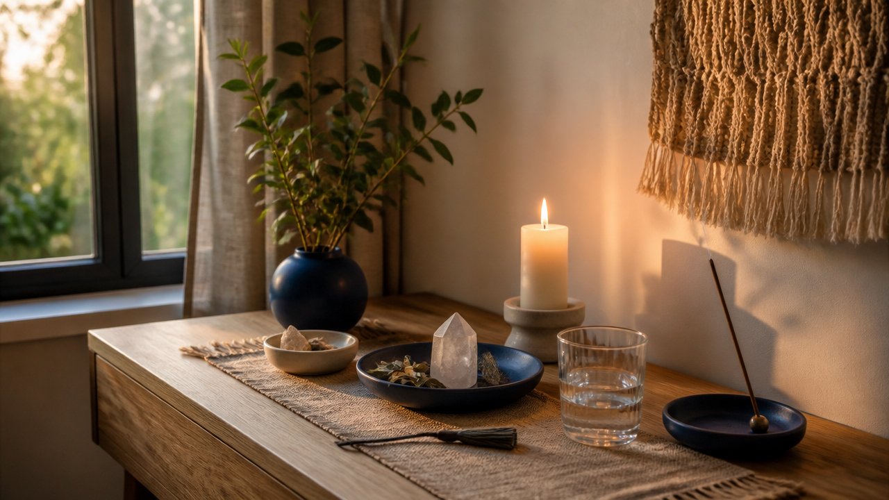 Espaço doméstico com vela, cristal, água e plantas formando um ponto energético acolhedor