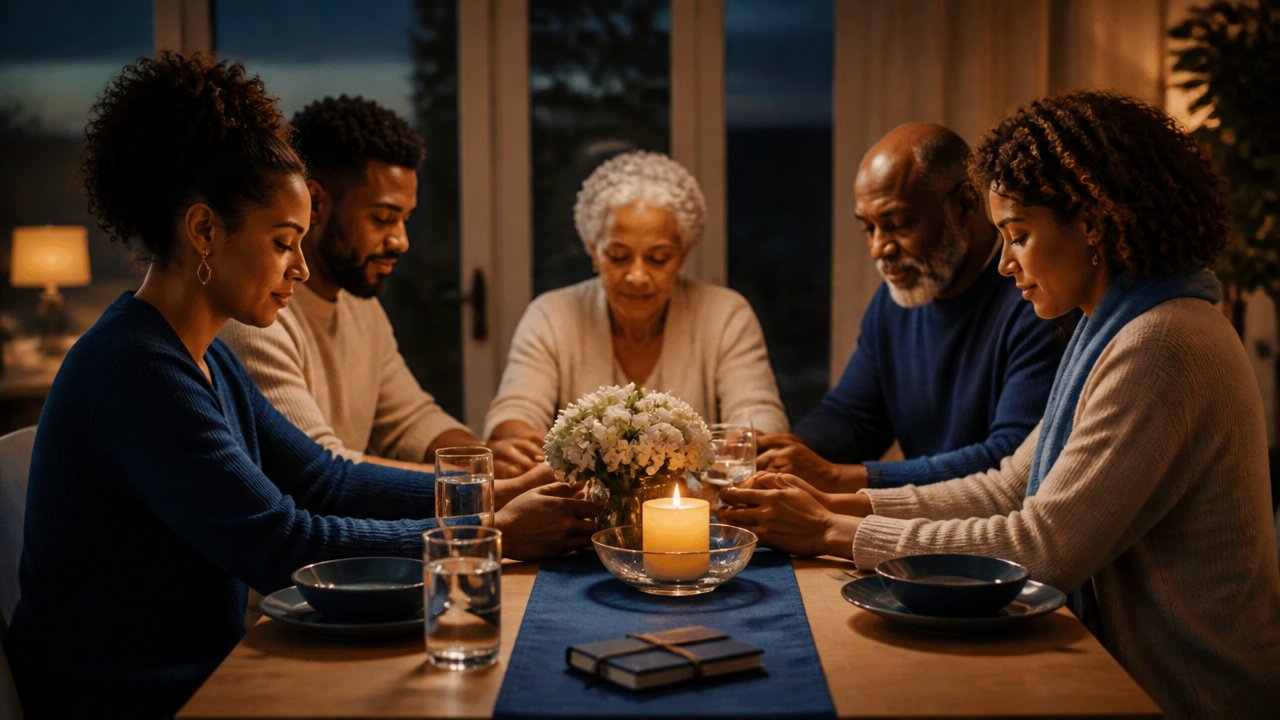 Família reunida em volta da mesa com vela acesa, transmitindo harmonia e paz no lar