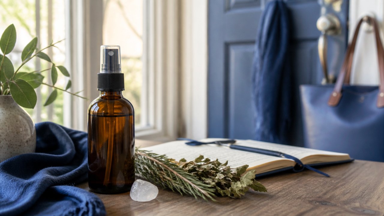 Frasco spray âmbar com ervas, cristal e bolsa ao fundo, representando proteção energética antes de sair de casa
