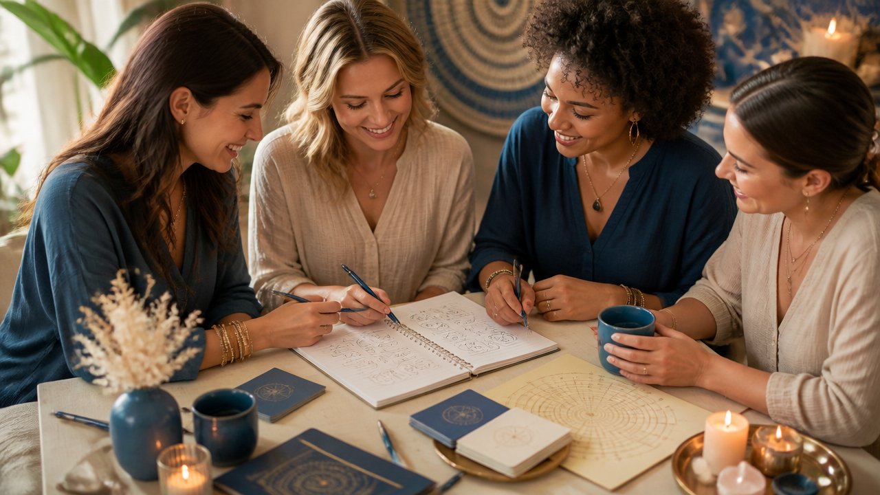 Grupo de amigas reunidas em volta de uma mesa, analisando números e anotações com clima acolhedor de autoconhecimento.